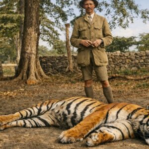 Jim Corbett standing near the slain Champawat tigress in a colorized historical photograph from 1907