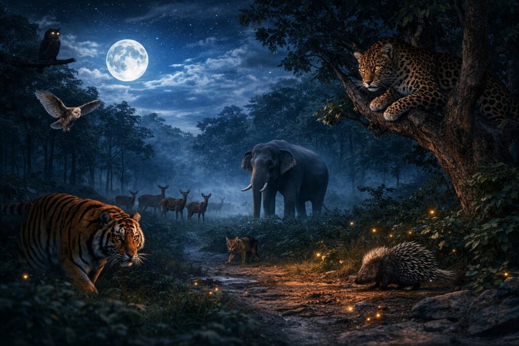 Night wildlife scene in Jim Corbett National Park with Bengal tiger, leopard, elephant, and deer in forest under full moon