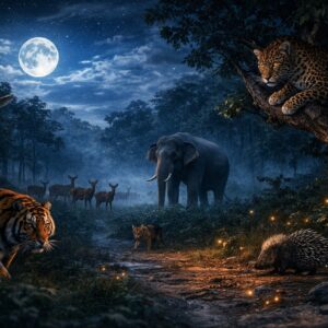Night wildlife scene in Jim Corbett National Park with Bengal tiger, leopard, elephant, and deer in forest under full moon