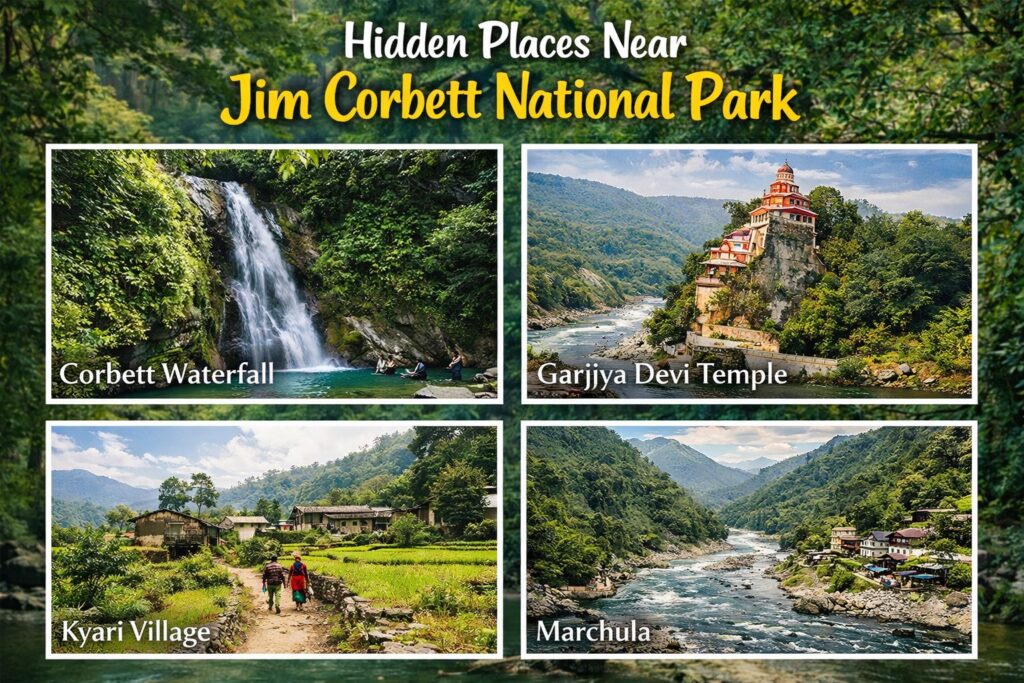 ourist places near Jim Corbett National Park including Corbett Waterfall, Garjiya Devi Temple, Kyari Village and Marchula surrounded by forest, river and scenic landscapes.