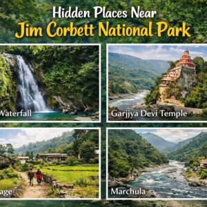 ourist places near Jim Corbett National Park including Corbett Waterfall, Garjiya Devi Temple, Kyari Village and Marchula surrounded by forest, river and scenic landscapes.