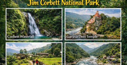 ourist places near Jim Corbett National Park including Corbett Waterfall, Garjiya Devi Temple, Kyari Village and Marchula surrounded by forest, river and scenic landscapes.