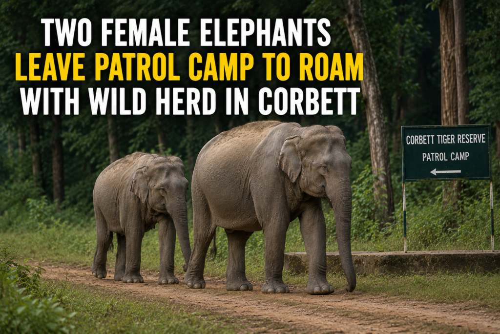 Two Female Elephants Leave Patrol Camp to Roam with Wild Herd in Corbett