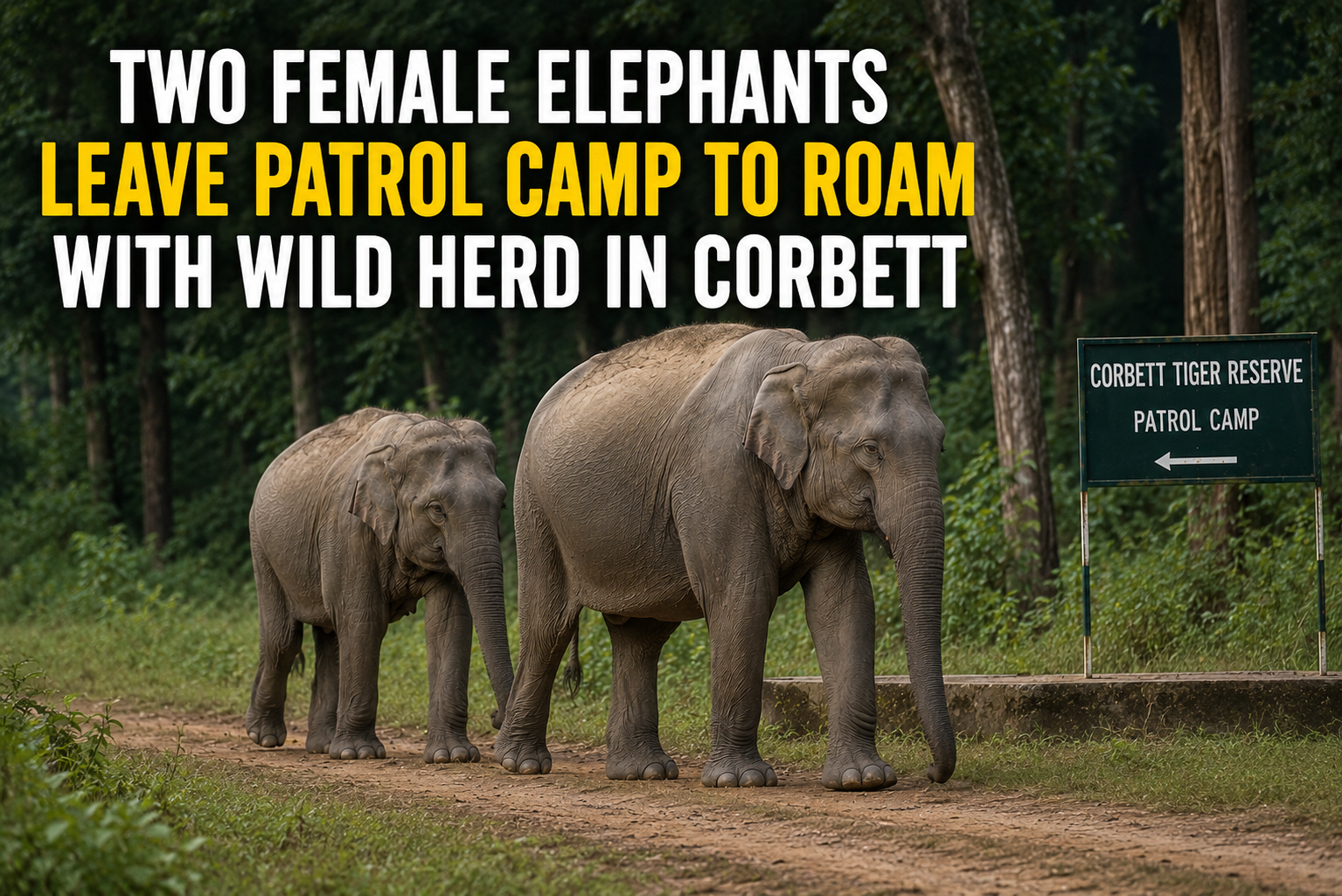 Two Female Elephants Leave Patrol Camp to Roam with Wild Herd in Corbett