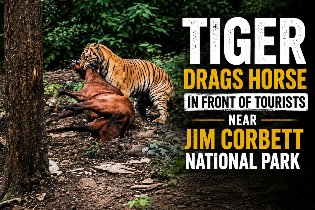 Tiger Drags Horse in Front of Tourists Near Jim Corbett National Park